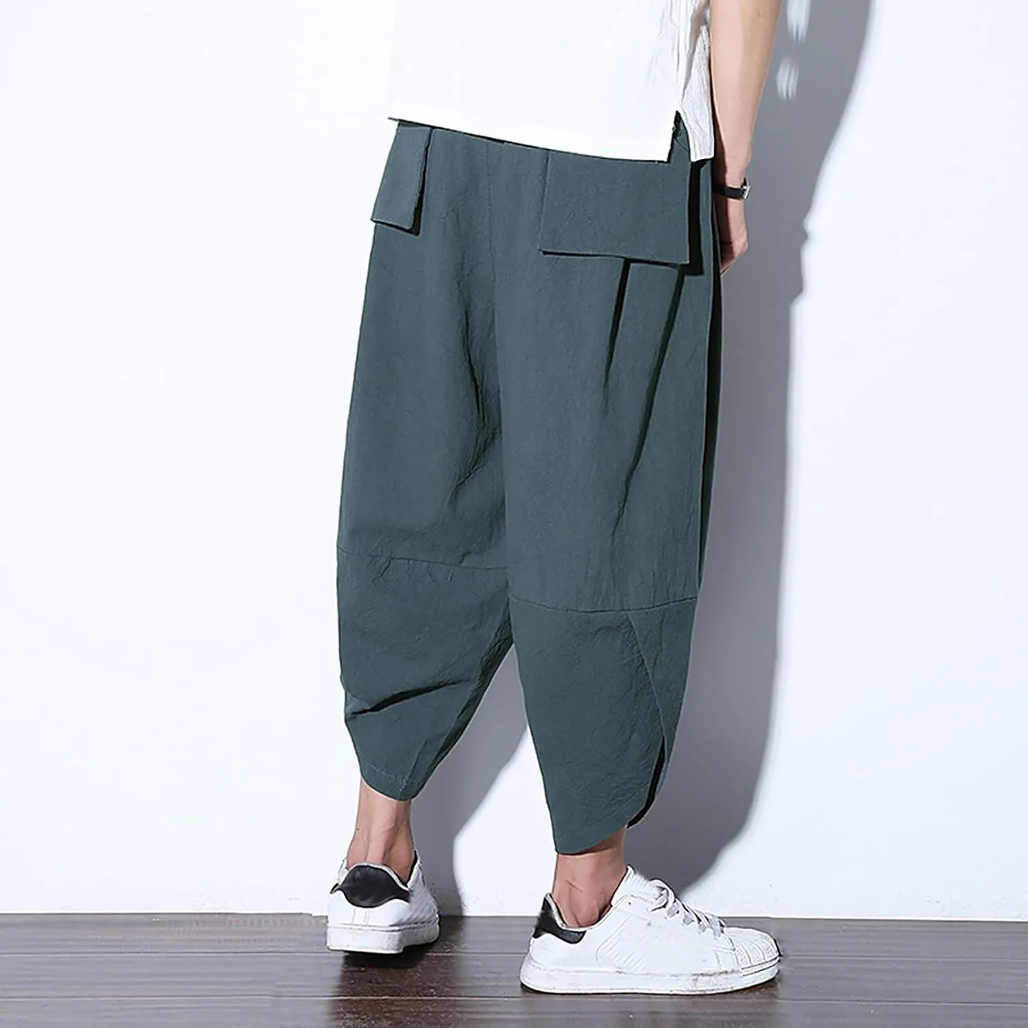 Alalaso Men's Cotton Linen Harem Pants Drawstring Casual Cropped Trousers Lightweight Loose Beach Yoga Pants with Pockets