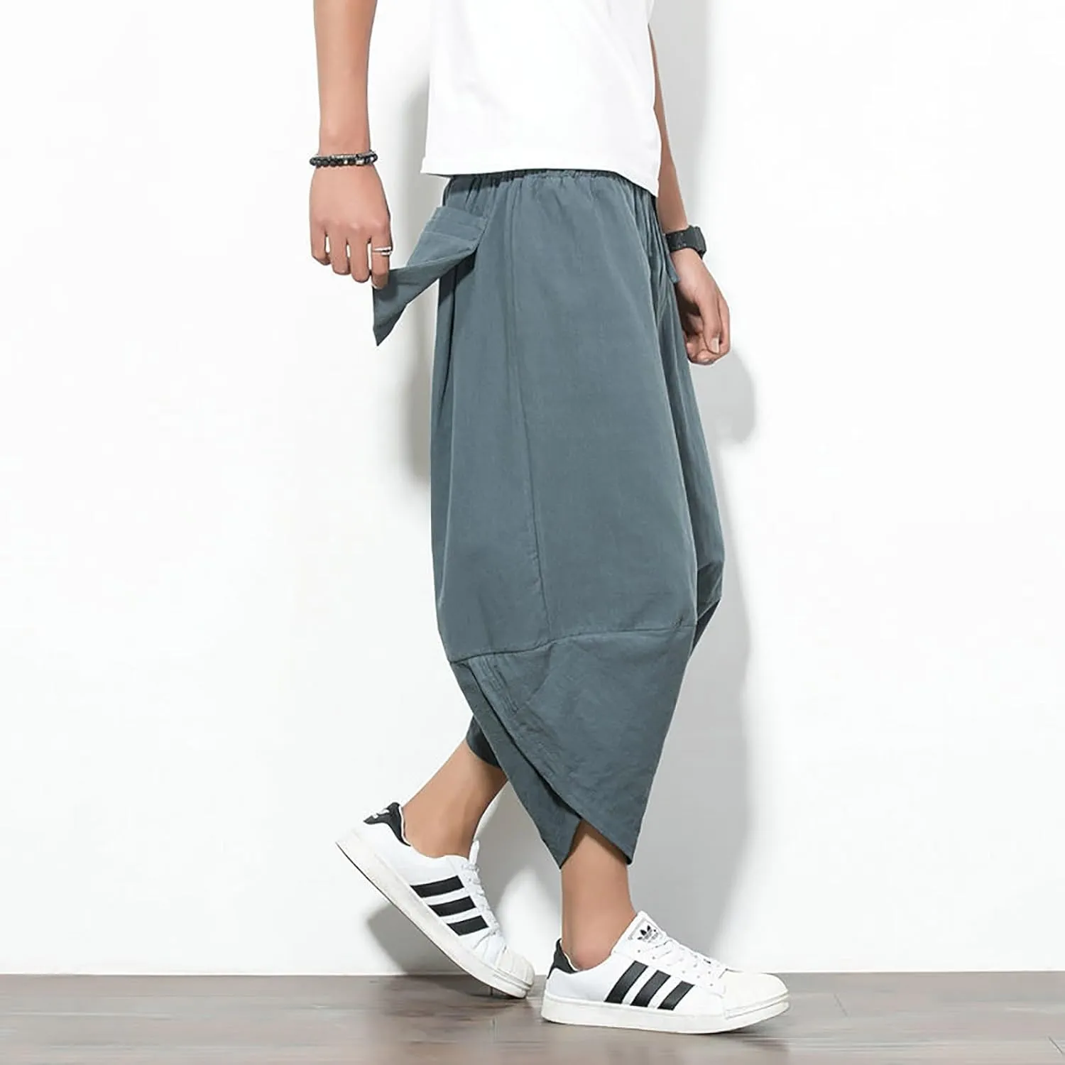 Alalaso Men's Cotton Linen Harem Pants Drawstring Casual Cropped Trousers Lightweight Loose Beach Yoga Pants with Pockets