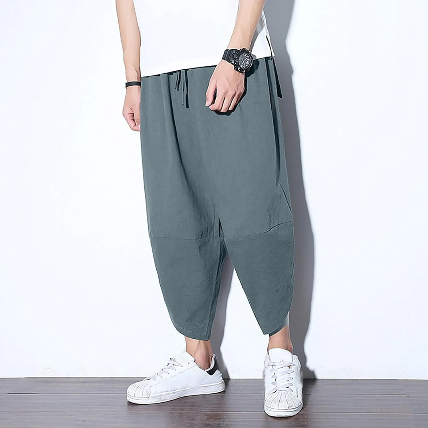 Alalaso Men's Cotton Linen Harem Pants Drawstring Casual Cropped Trousers Lightweight Loose Beach Yoga Pants with Pockets