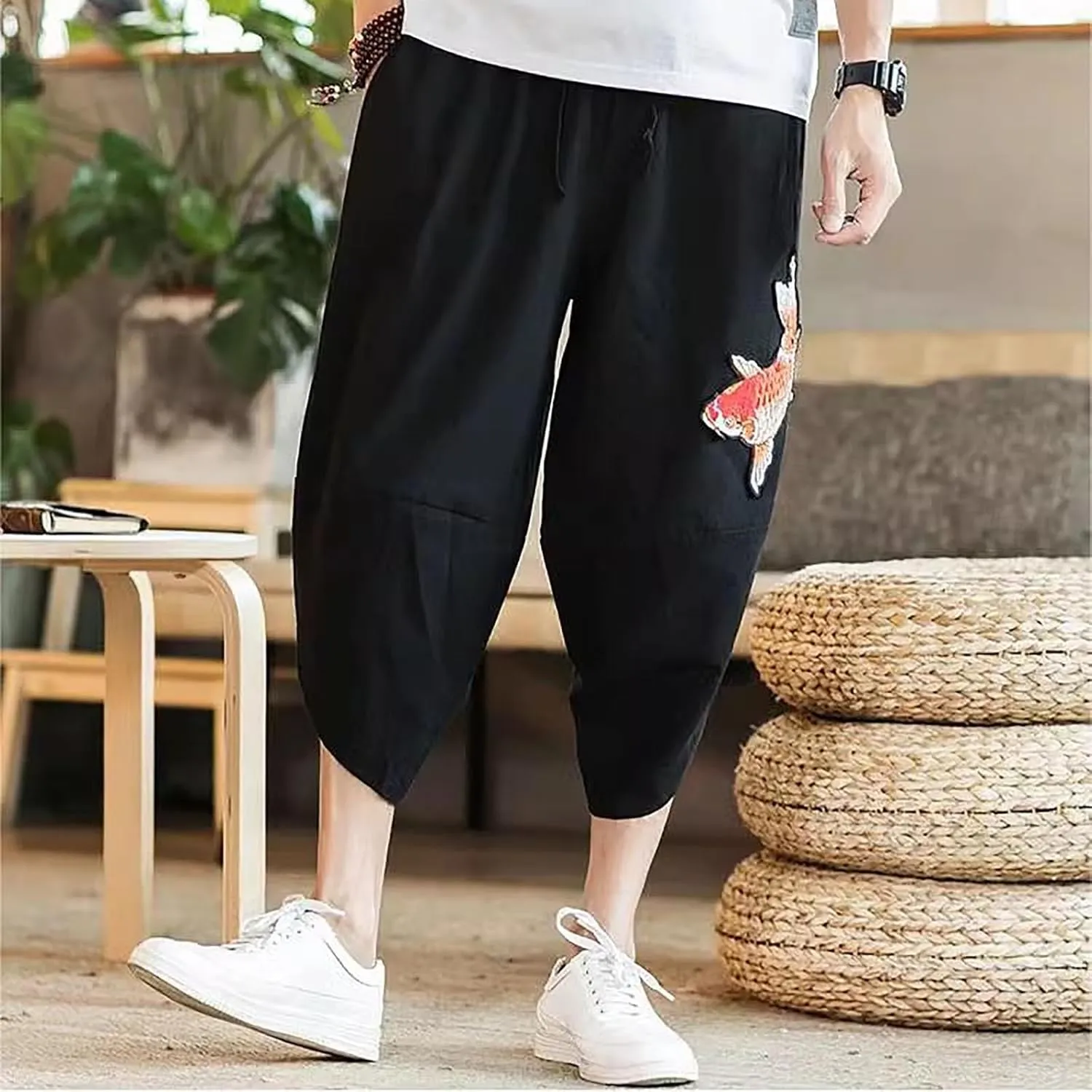 Alalaso Men's Cotton Linen Harem Pants Drawstring Casual Cropped Trousers Lightweight Loose Beach Yoga Pants with Pockets