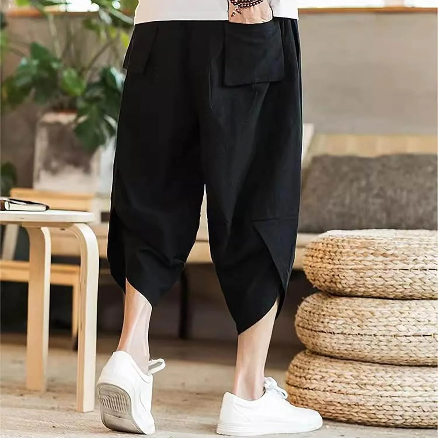 Alalaso Men's Cotton Linen Harem Pants Drawstring Casual Cropped Trousers Lightweight Loose Beach Yoga Pants with Pockets