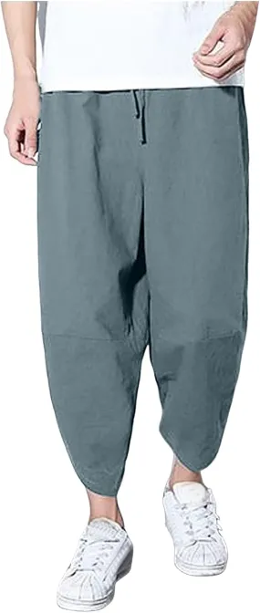 Alalaso Men's Cotton Linen Harem Pants Drawstring Casual Cropped Trousers Lightweight Loose Beach Yoga Pants with Pockets