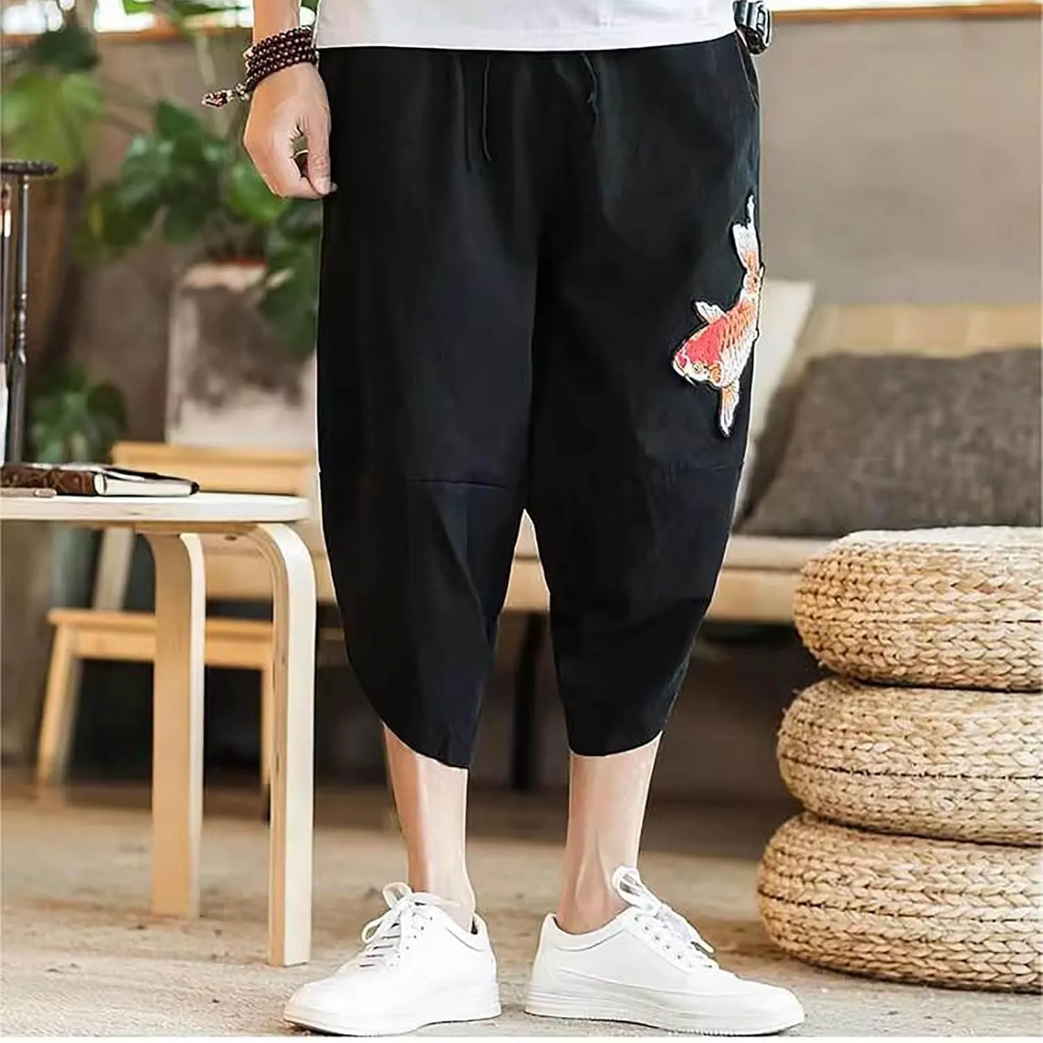 Alalaso Men's Cotton Linen Harem Pants Drawstring Casual Cropped Trousers Lightweight Loose Beach Yoga Pants with Pockets