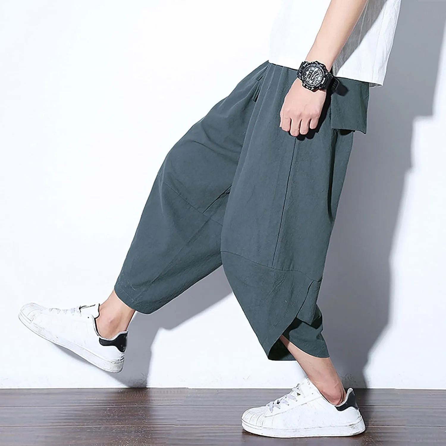 Alalaso Men's Cotton Linen Harem Pants Drawstring Casual Cropped Trousers Lightweight Loose Beach Yoga Pants with Pockets