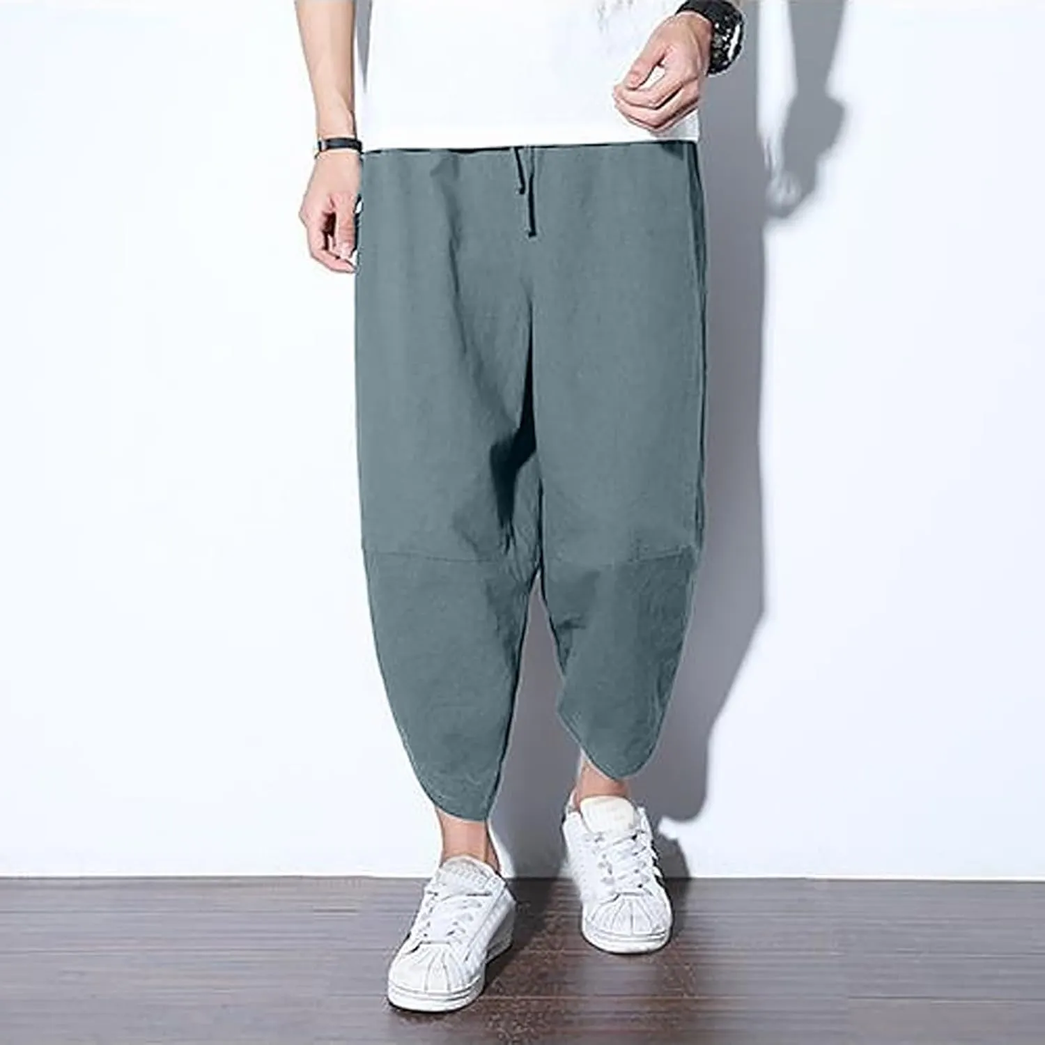 Alalaso Men's Cotton Linen Harem Pants Drawstring Casual Cropped Trousers Lightweight Loose Beach Yoga Pants with Pockets