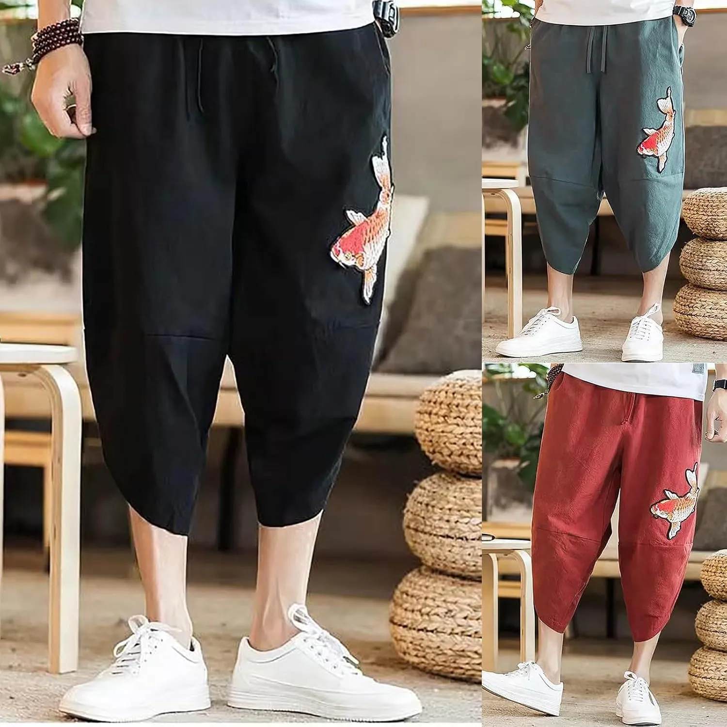 Alalaso Men's Cotton Linen Harem Pants Drawstring Casual Cropped Trousers Lightweight Loose Beach Yoga Pants with Pockets