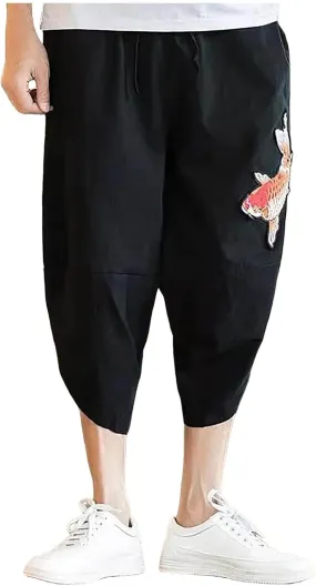 Alalaso Men's Cotton Linen Harem Pants Drawstring Casual Cropped Trousers Lightweight Loose Beach Yoga Pants with Pockets