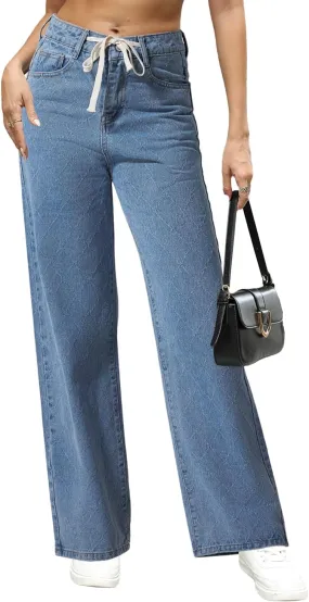 Allimy Womens Drawstring High Waist Wide Leg Jeans Straight Leg Washed Denim Jeans Pants