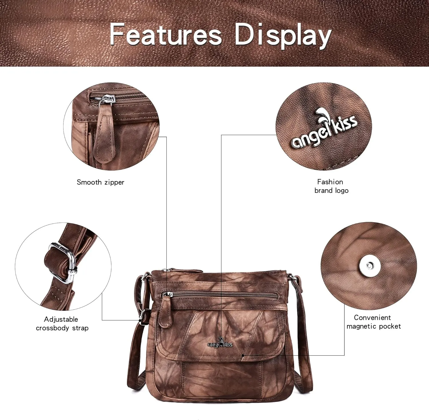 Angelkiss Small Womens Crossbody Bag Leather Shoulder Purse for Women Hobo Bag with Adjustable Shoulder Strap