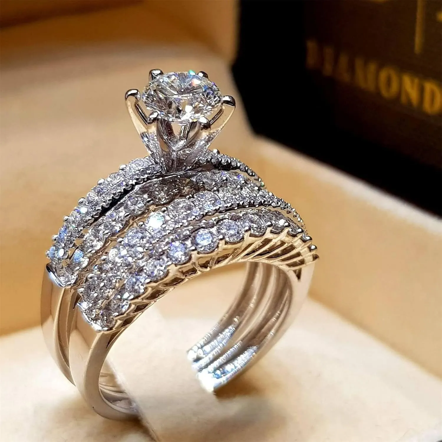 Anniversary for Women Fashion Engagement Ring 925 Silver Wedding Band Bridal Set Round Cut Cubic Zirconia Pave Set