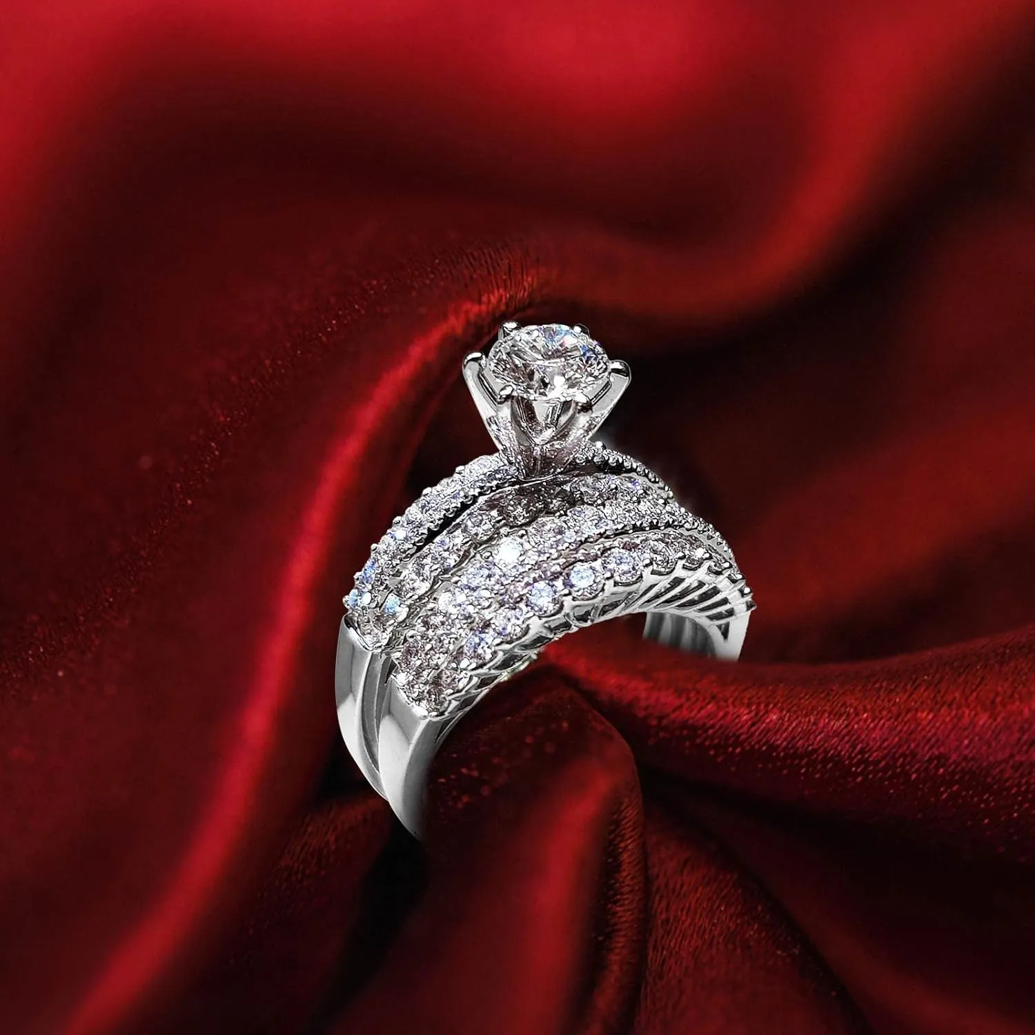 Anniversary for Women Fashion Engagement Ring 925 Silver Wedding Band Bridal Set Round Cut Cubic Zirconia Pave Set