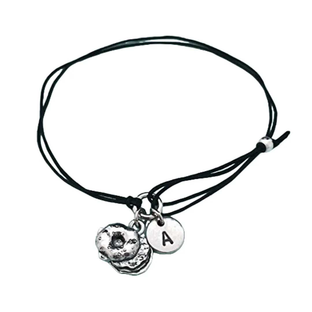 Bagel cord bracelet, bagel charm bracelet, adjustable bracelet, charm bracelet, personalized bracelet, initial bracelet, monogram