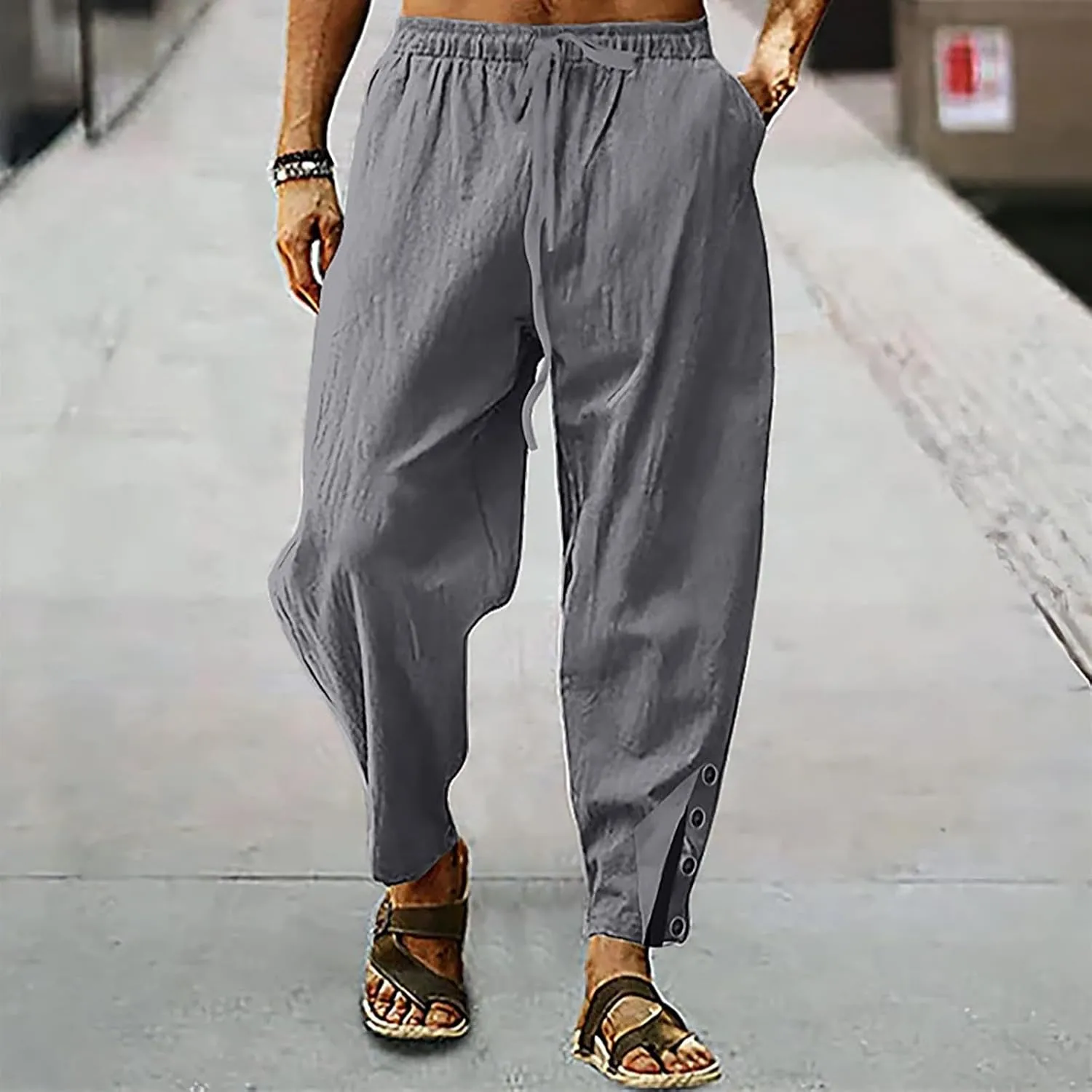 Baggy Linen Pants Men Drawstring Tapered Pants Elastic Waist Trousers Casual Summer Lounge Pants Lightweight Pants