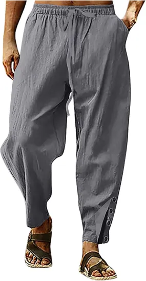 Baggy Linen Pants Men Drawstring Tapered Pants Elastic Waist Trousers Casual Summer Lounge Pants Lightweight Pants