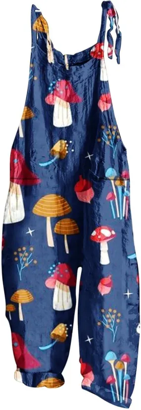 Basysin Summer Jumpsuits for Women Cute Cartoon Mushroom Printed Vintage Overalls Plus Size Casual Spaghetti Strap Jumpsuit