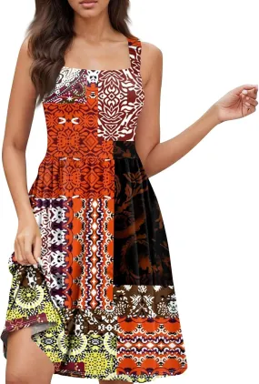 BAXLIMEK Sundresses for Women,2025 Spring Summer Trendy Floral Print Beach Dress,Square Neck Tank Flowy Ruched Boho Dress