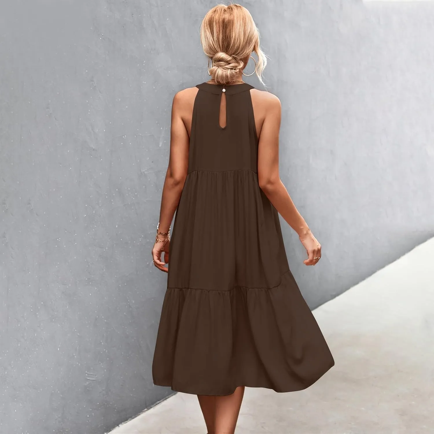 Beach Dresses for Women,2025 Summer Trendy Sleeveless Halter A Line Sundress,Flowy Pleated Tiered Swing Boho Dress