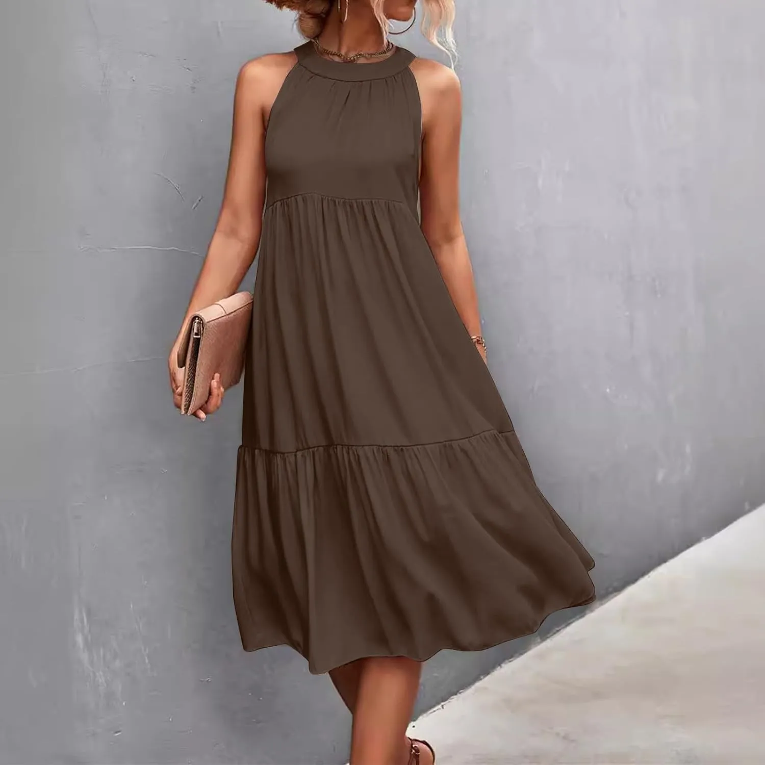 Beach Dresses for Women,2025 Summer Trendy Sleeveless Halter A Line Sundress,Flowy Pleated Tiered Swing Boho Dress