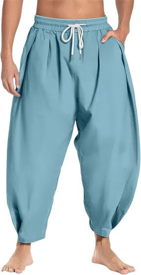 BeachBeachBeach Mens Casual Pants Elastic Drawstring Waist Bottom Harem Pant Straight Leg Beach Ruffled Summer Trousers with Pockets Bu2 Jogging Pants Men