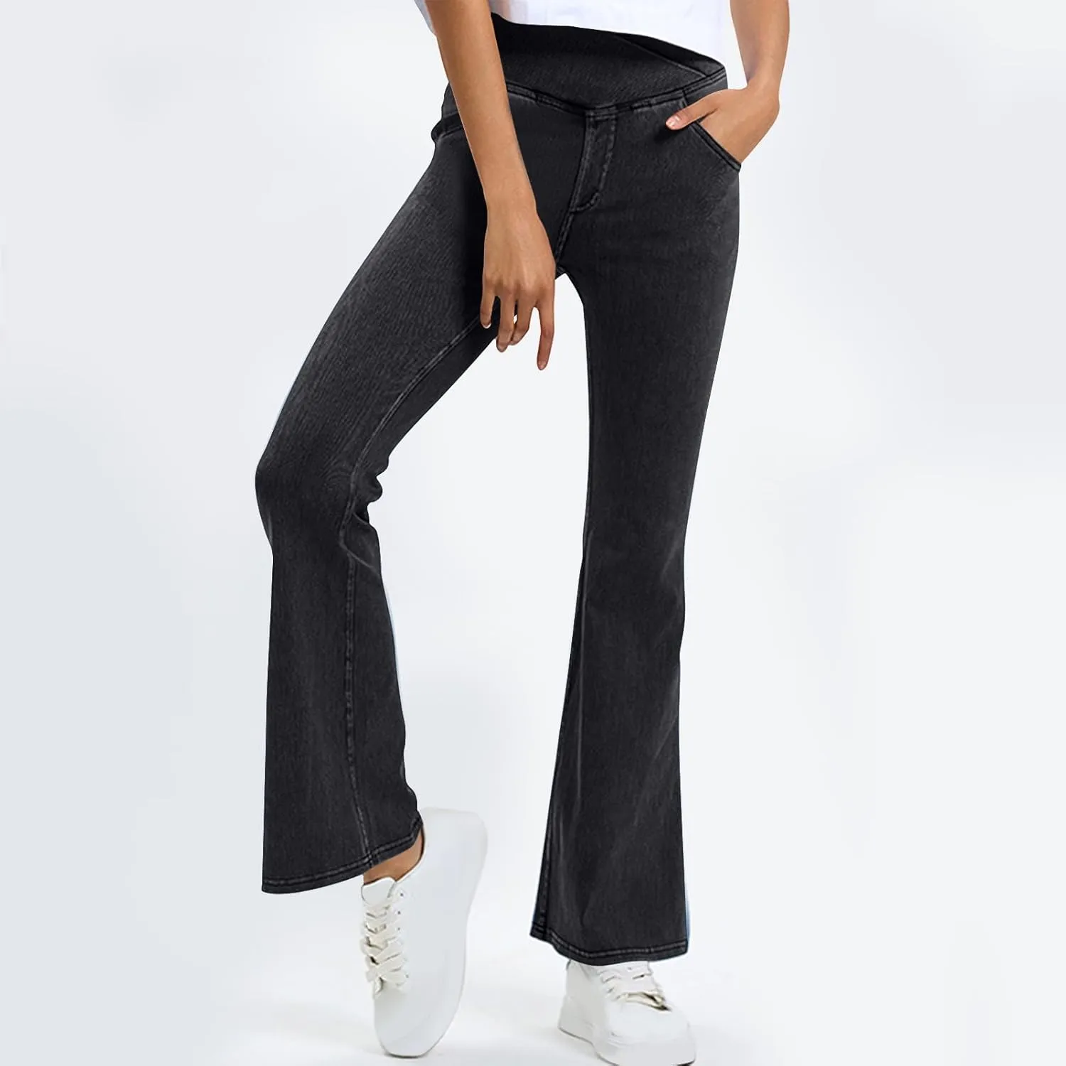 Bell Bottom Jeans for Women High Waisted Stretchy Flare Jeans Pull On Wide Leg Jean V Cross Tummy Control Flare Pants