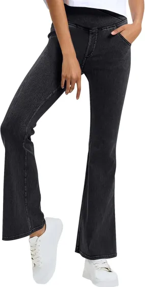 Bell Bottom Jeans for Women High Waisted Stretchy Flare Jeans Pull On Wide Leg Jean V Cross Tummy Control Flare Pants