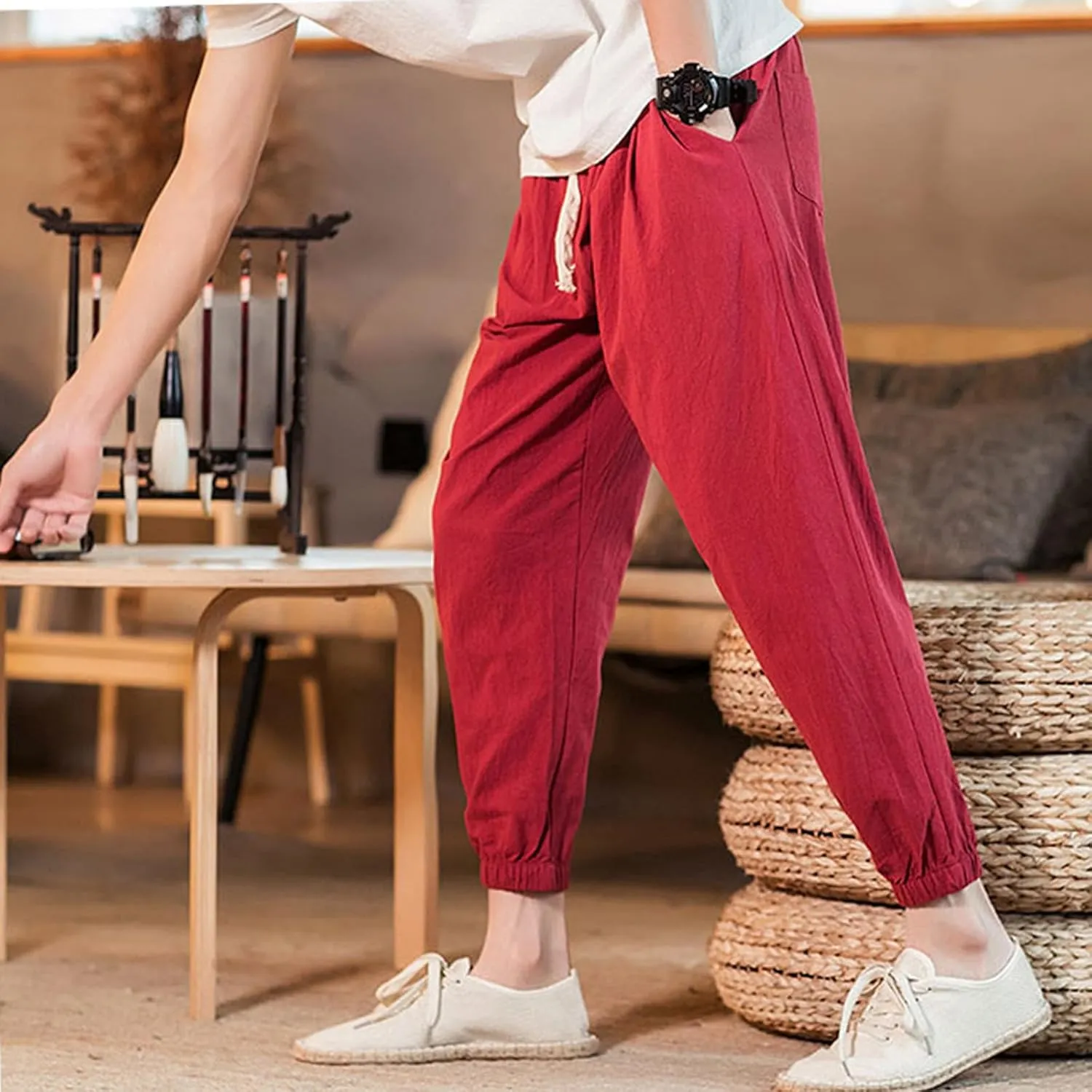 Big and Tall Linen Pants for Men Drawstring Loose Fit Joggers Elastic Waist Breathable Lounge Pants Summer Trousers