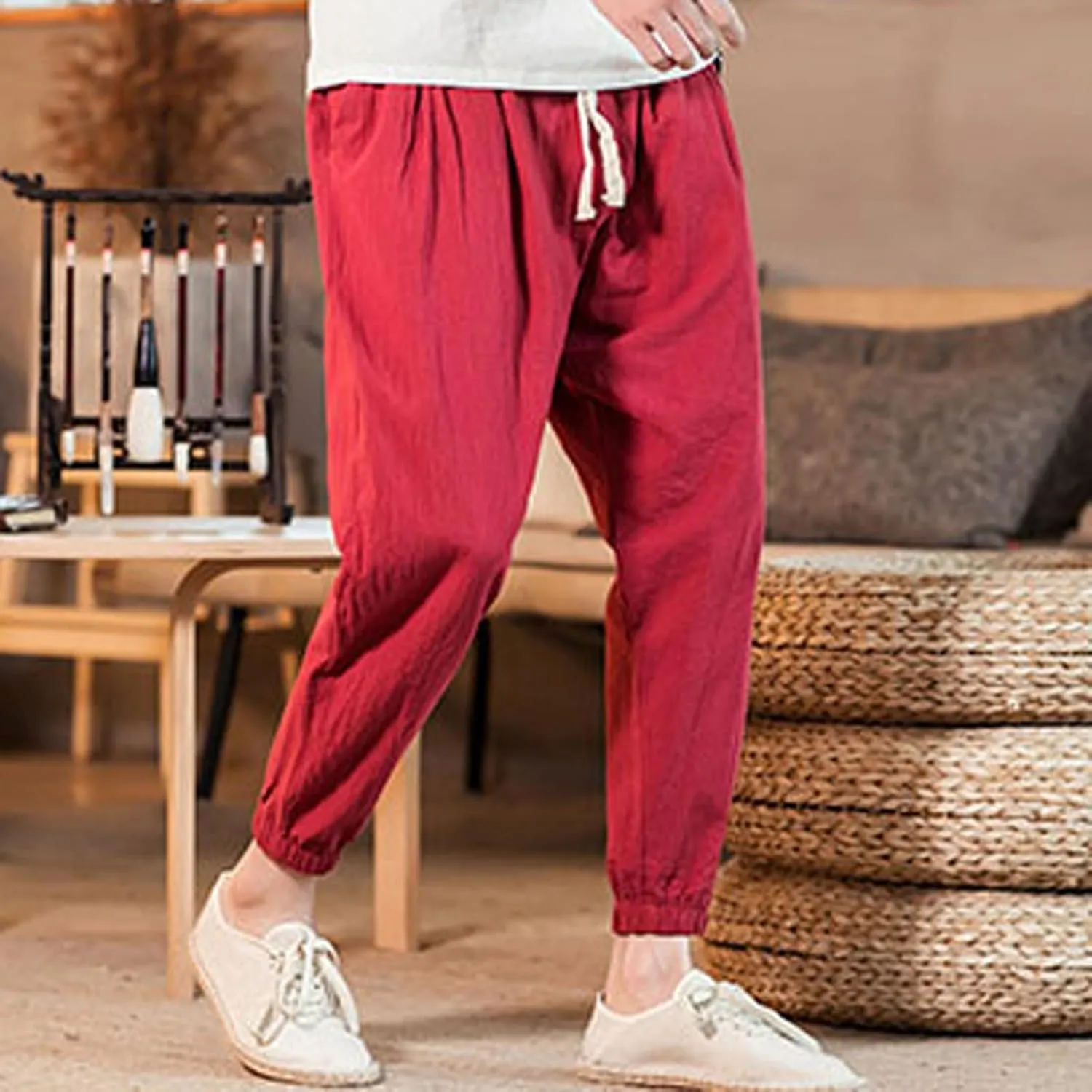 Big and Tall Linen Pants for Men Drawstring Loose Fit Joggers Elastic Waist Breathable Lounge Pants Summer Trousers