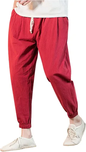 Big and Tall Linen Pants for Men Drawstring Loose Fit Joggers Elastic Waist Breathable Lounge Pants Summer Trousers