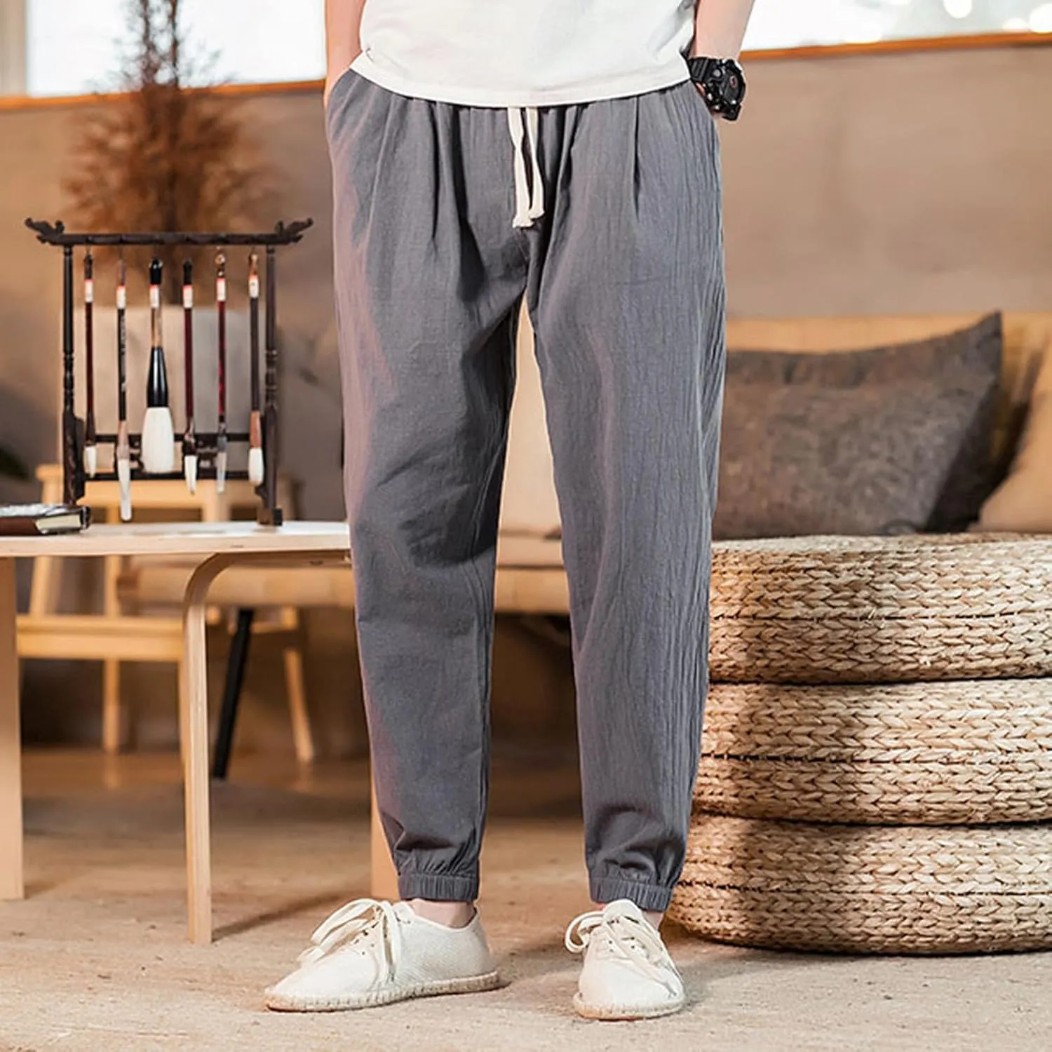 Big and Tall Linen Pants for Men Drawstring Loose Fit Joggers Elastic Waist Breathable Lounge Pants Summer Trousers