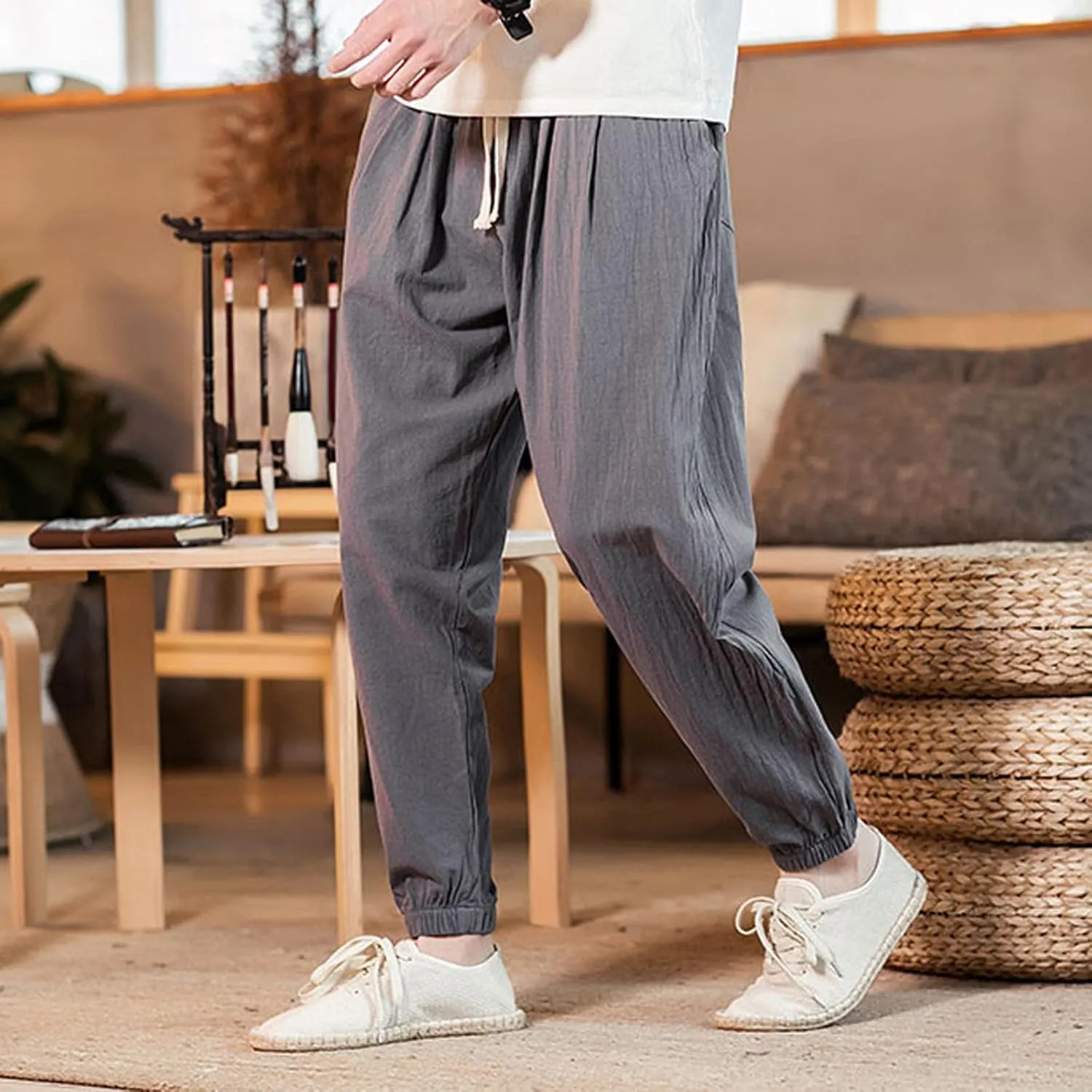 Big and Tall Linen Pants for Men Drawstring Loose Fit Joggers Elastic Waist Breathable Lounge Pants Summer Trousers