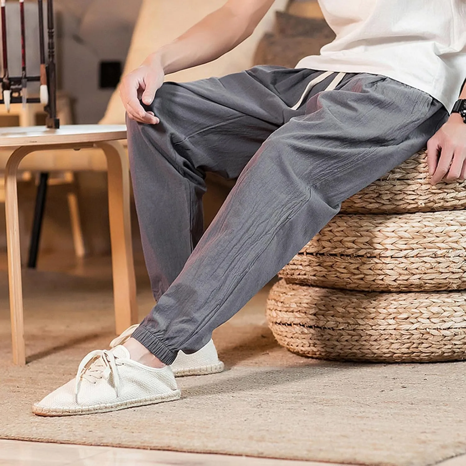 Big and Tall Linen Pants for Men Drawstring Loose Fit Joggers Elastic Waist Breathable Lounge Pants Summer Trousers