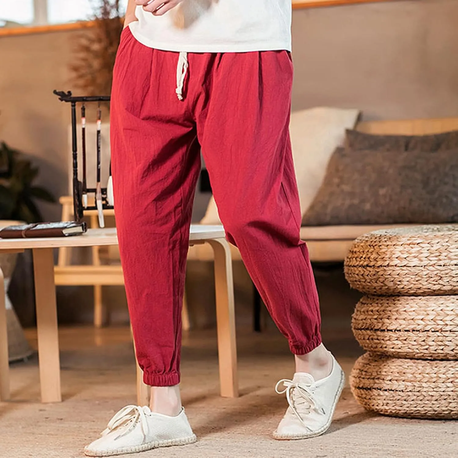 Big and Tall Linen Pants for Men Drawstring Loose Fit Joggers Elastic Waist Breathable Lounge Pants Summer Trousers