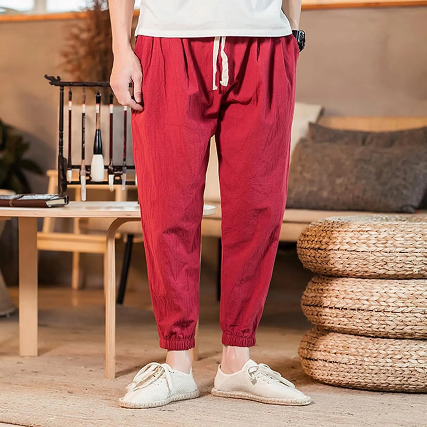 Big and Tall Linen Pants for Men Drawstring Loose Fit Joggers Elastic Waist Breathable Lounge Pants Summer Trousers