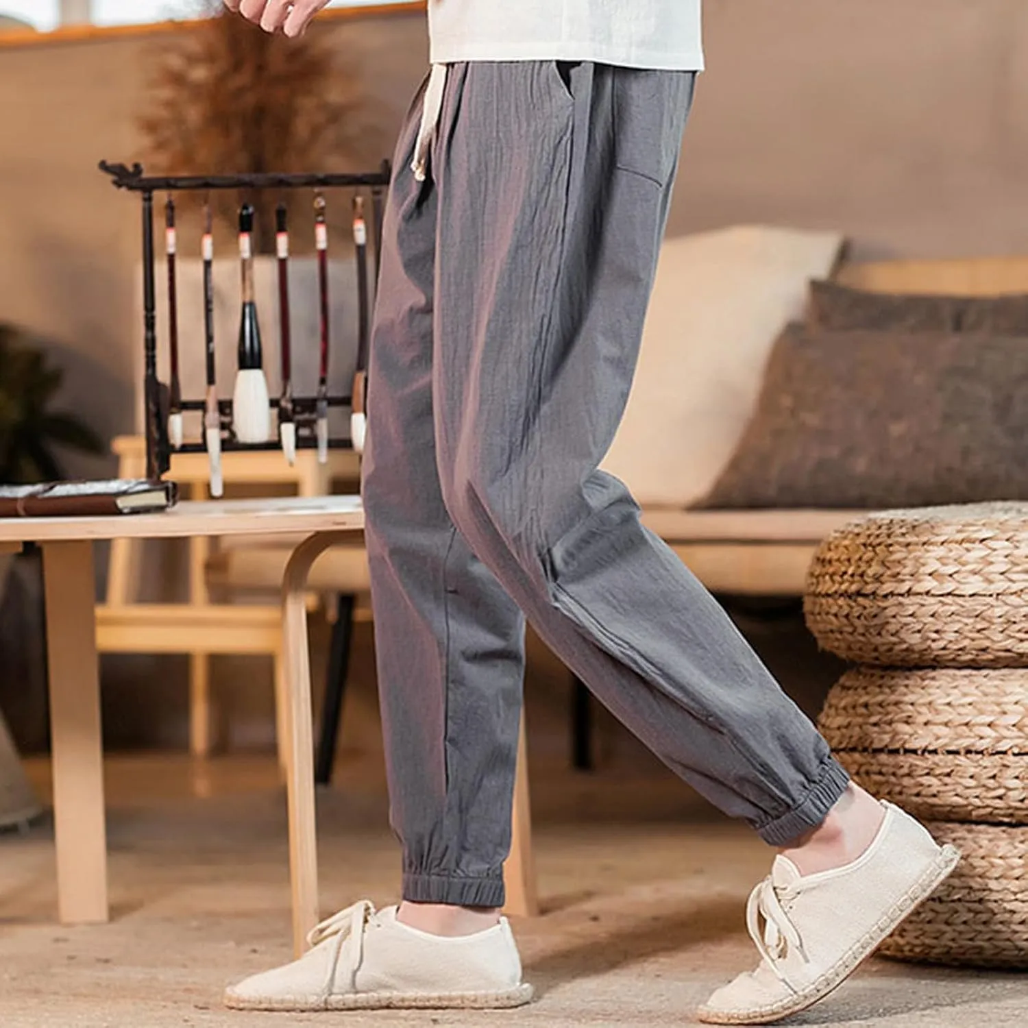 Big and Tall Linen Pants for Men Drawstring Loose Fit Joggers Elastic Waist Breathable Lounge Pants Summer Trousers