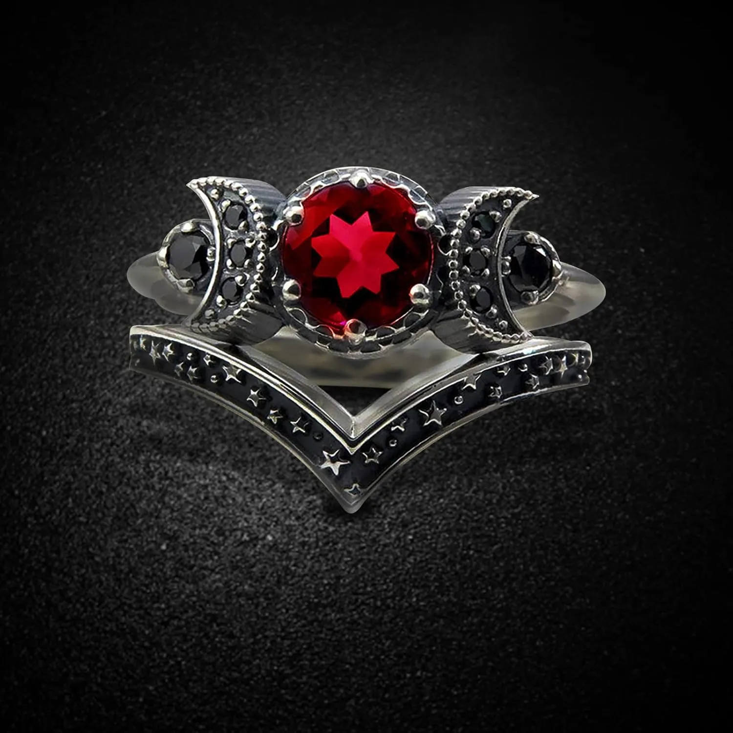 Black Crystal Cresent For Women Girls Triple Moon Ring Set Wedding Engagement Wiccan Birthstone Jewelry