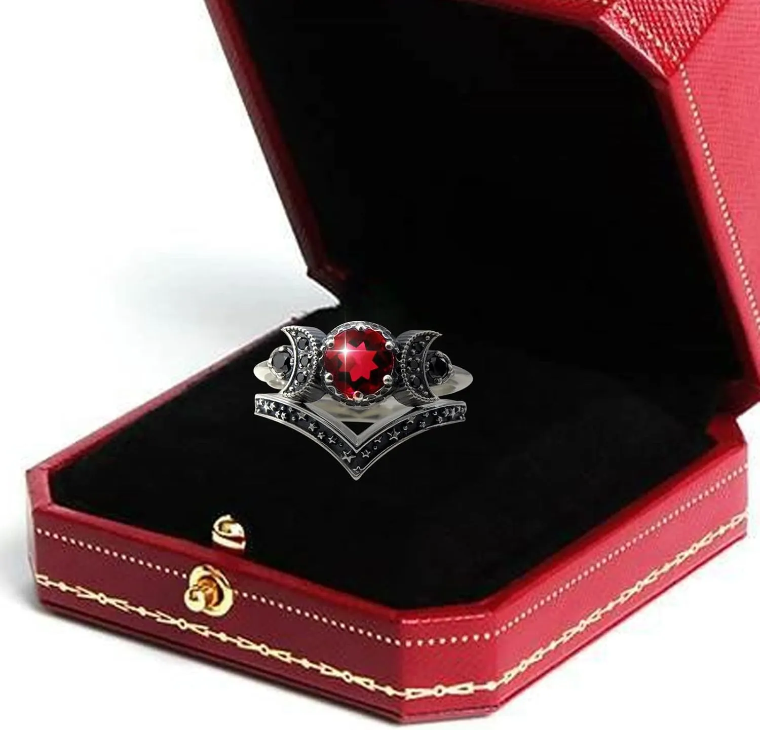 Black Crystal Cresent For Women Girls Triple Moon Ring Set Wedding Engagement Wiccan Birthstone Jewelry