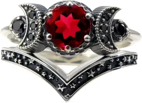 Black Crystal Cresent For Women Girls Triple Moon Ring Set Wedding Engagement Wiccan Birthstone Jewelry