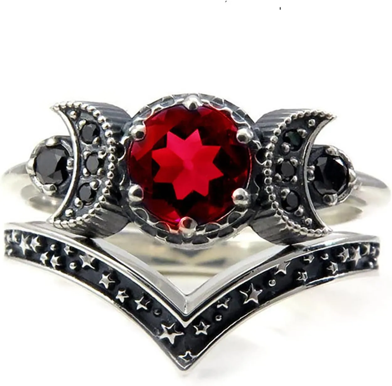 Black Crystal Cresent For Women Girls Triple Moon Ring Set Wedding Engagement Wiccan Birthstone Jewelry