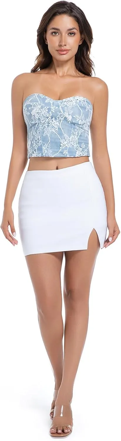 Black Mini Skirt Women's High Waisted Stretch Fitted Bodycon Skirt with Slit