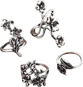 Black Plated Flower Ring Elegant Jewelry Vintage Stackable Joint Finger Rings for Women, Bohemian Midi Rings