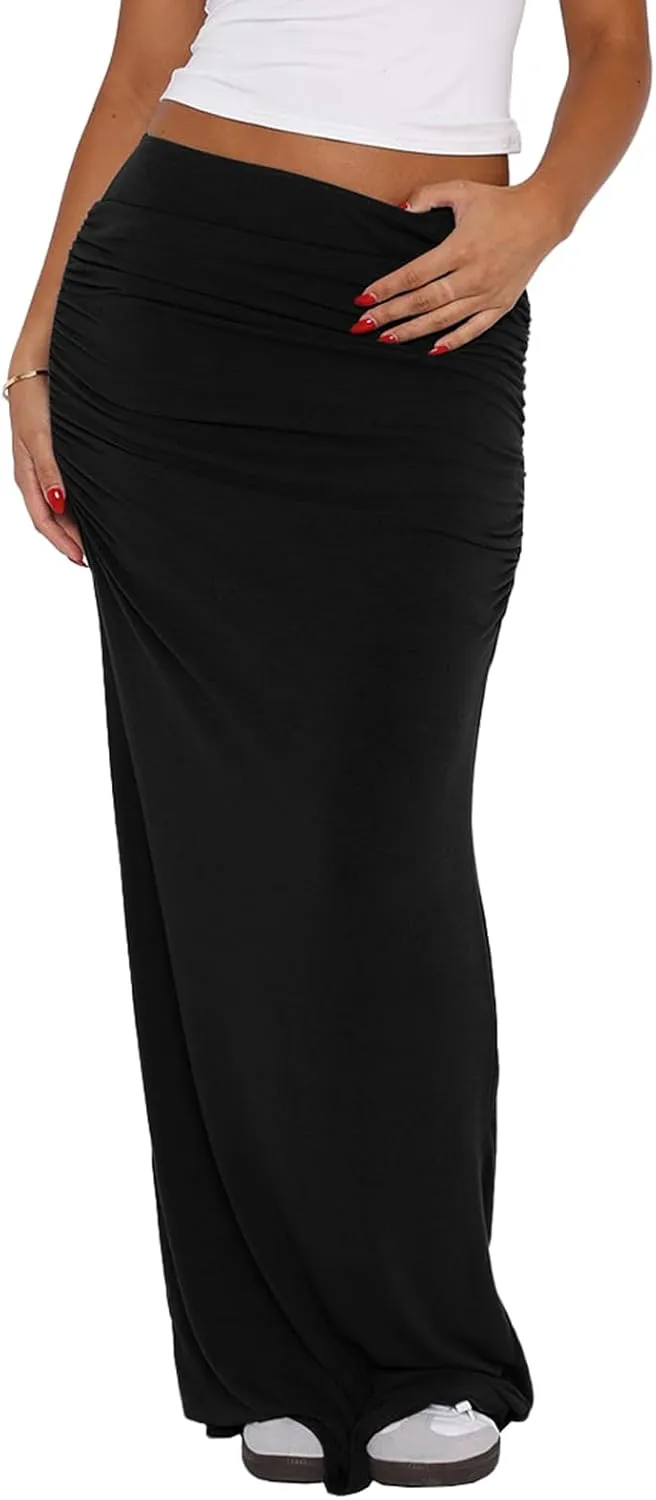Bodyon Long Skirts for Women - Ruched High Waist Party Club Night Out Pencil Flowy Maxi Skirt