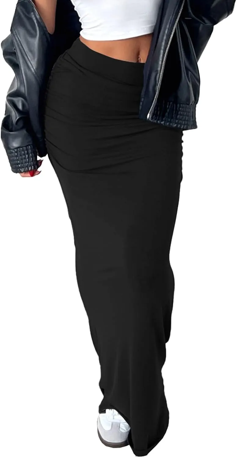 Bodyon Long Skirts for Women - Ruched High Waist Party Club Night Out Pencil Flowy Maxi Skirt