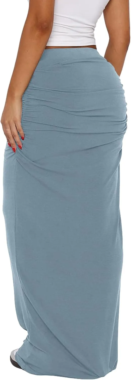 Bodyon Long Skirts for Women - Ruched High Waist Party Club Night Out Pencil Flowy Maxi Skirt