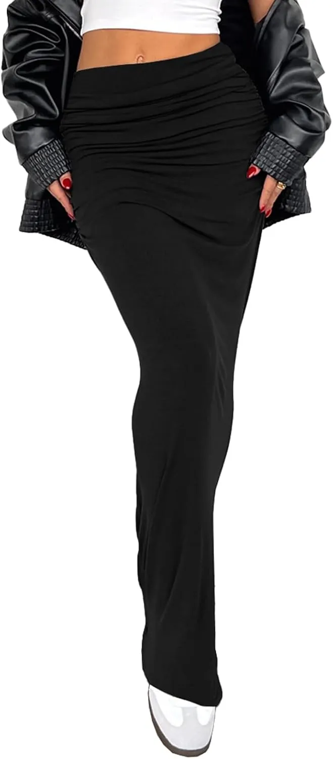 Bodyon Long Skirts for Women - Ruched High Waist Party Club Night Out Pencil Flowy Maxi Skirt