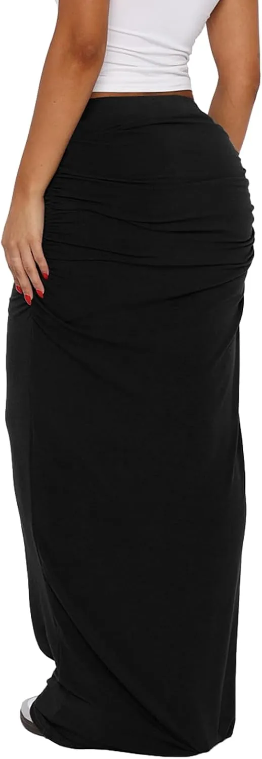 Bodyon Long Skirts for Women - Ruched High Waist Party Club Night Out Pencil Flowy Maxi Skirt