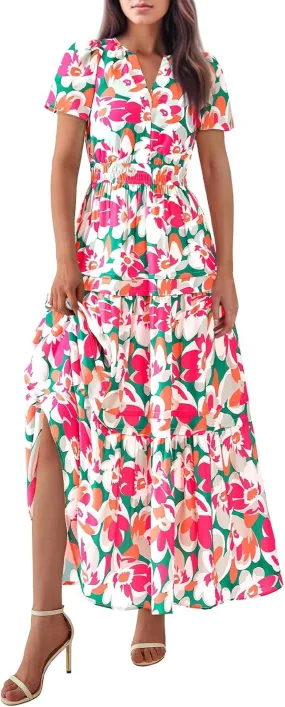 Boho Dresses for Women,2025 Summer Trendy Floral Beach Vacation Dress,Elegant V Neck Cap Sleeve Flowy Midi Dress
