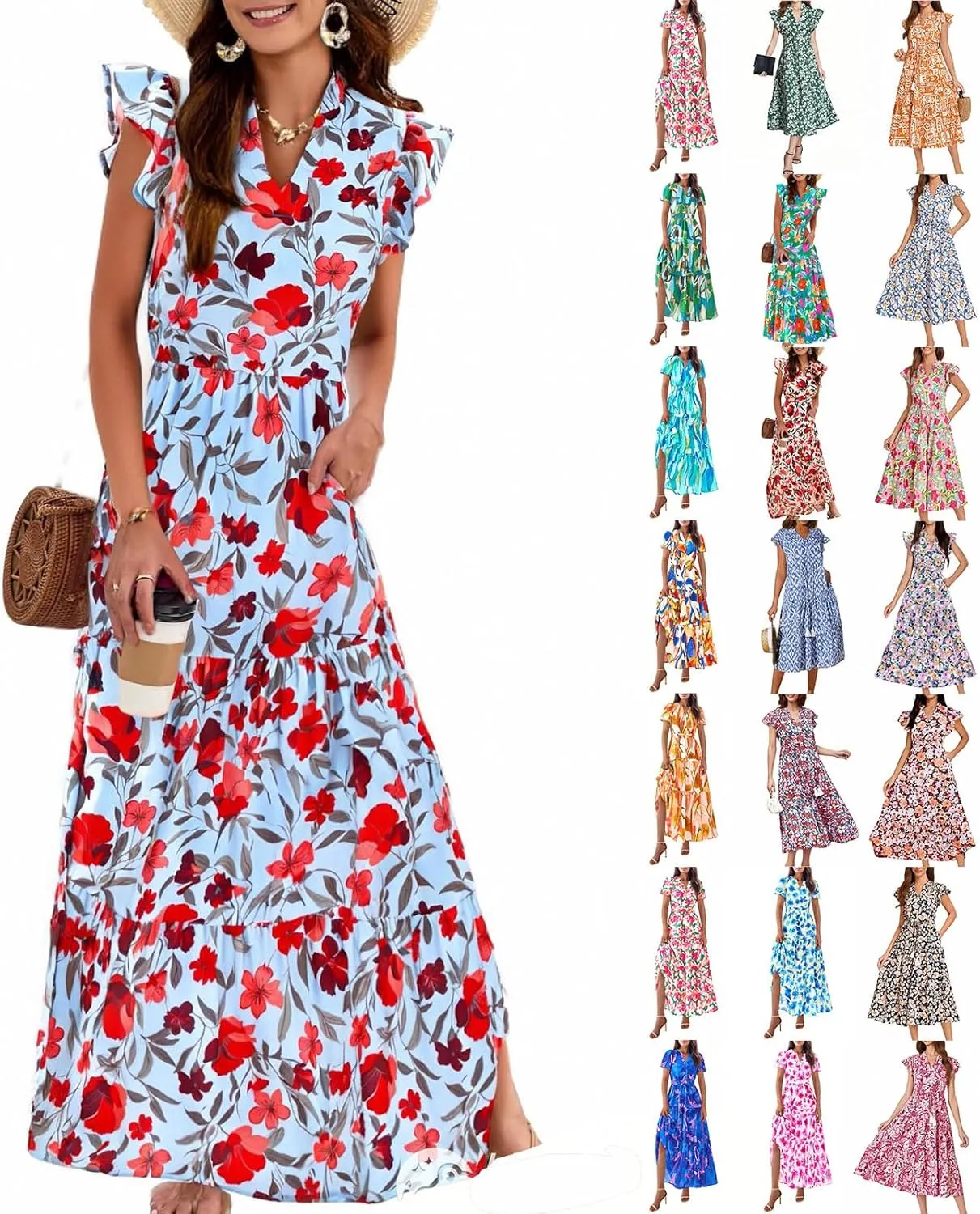 Boho Dresses for Women,2025 Summer Trendy Floral Beach Vacation Dress,Elegant V Neck Cap Sleeve Flowy Midi Dress