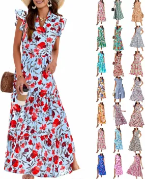 Boho Dresses for Women,2025 Summer Trendy Floral Beach Vacation Dress,Elegant V Neck Cap Sleeve Flowy Midi Dress