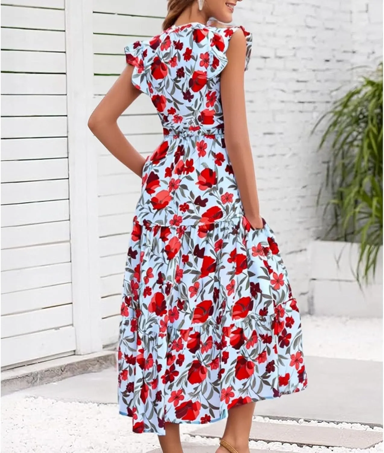 Boho Dresses for Women,2025 Summer Trendy Floral Beach Vacation Dress,Elegant V Neck Cap Sleeve Flowy Midi Dress