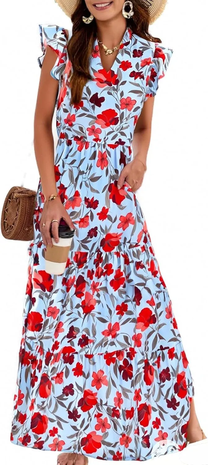 Boho Dresses for Women,2025 Summer Trendy Floral Beach Vacation Dress,Elegant V Neck Cap Sleeve Flowy Midi Dress